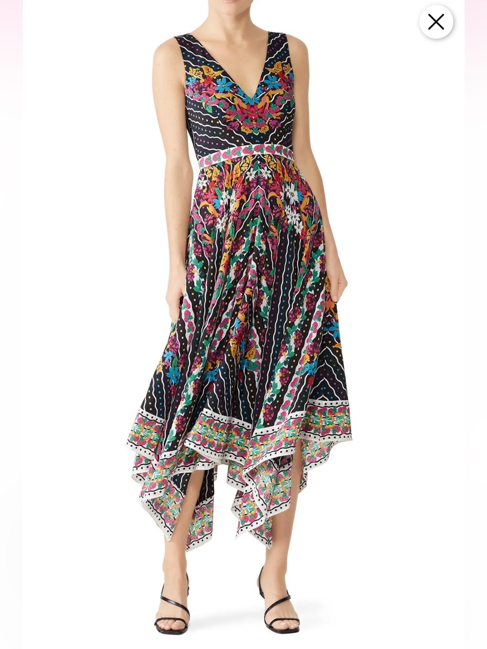 🖤 NWT! Saloni Black Silk Floral Zuri V-Neck Handkerchief Hem Dress - Picture 2 of 9